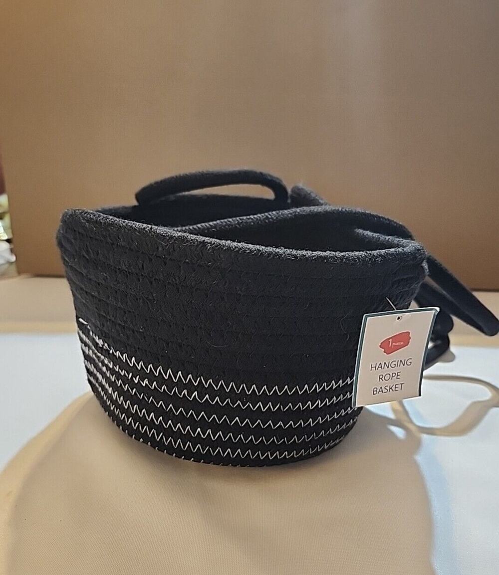 Hanging Rope Basket Black 8" Diameter 5" Deep 18" Hanging Drop Indoor Porch